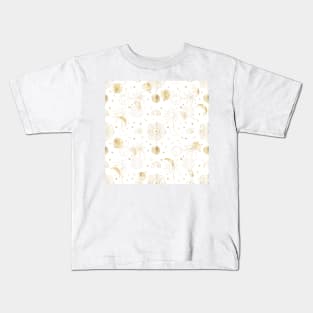 Magical White Gold Sun Moon Planets Galaxy Design Kids T-Shirt